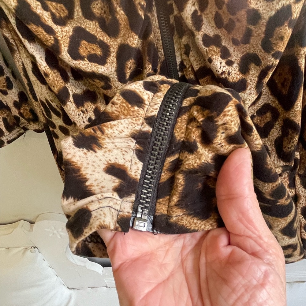 BROWN BLACK CREAM LEOPARD PRINT LOMG SLEEVE DRESS EXPOSED ZIPPER FRONT CLOSURE - Picture 7 of 9